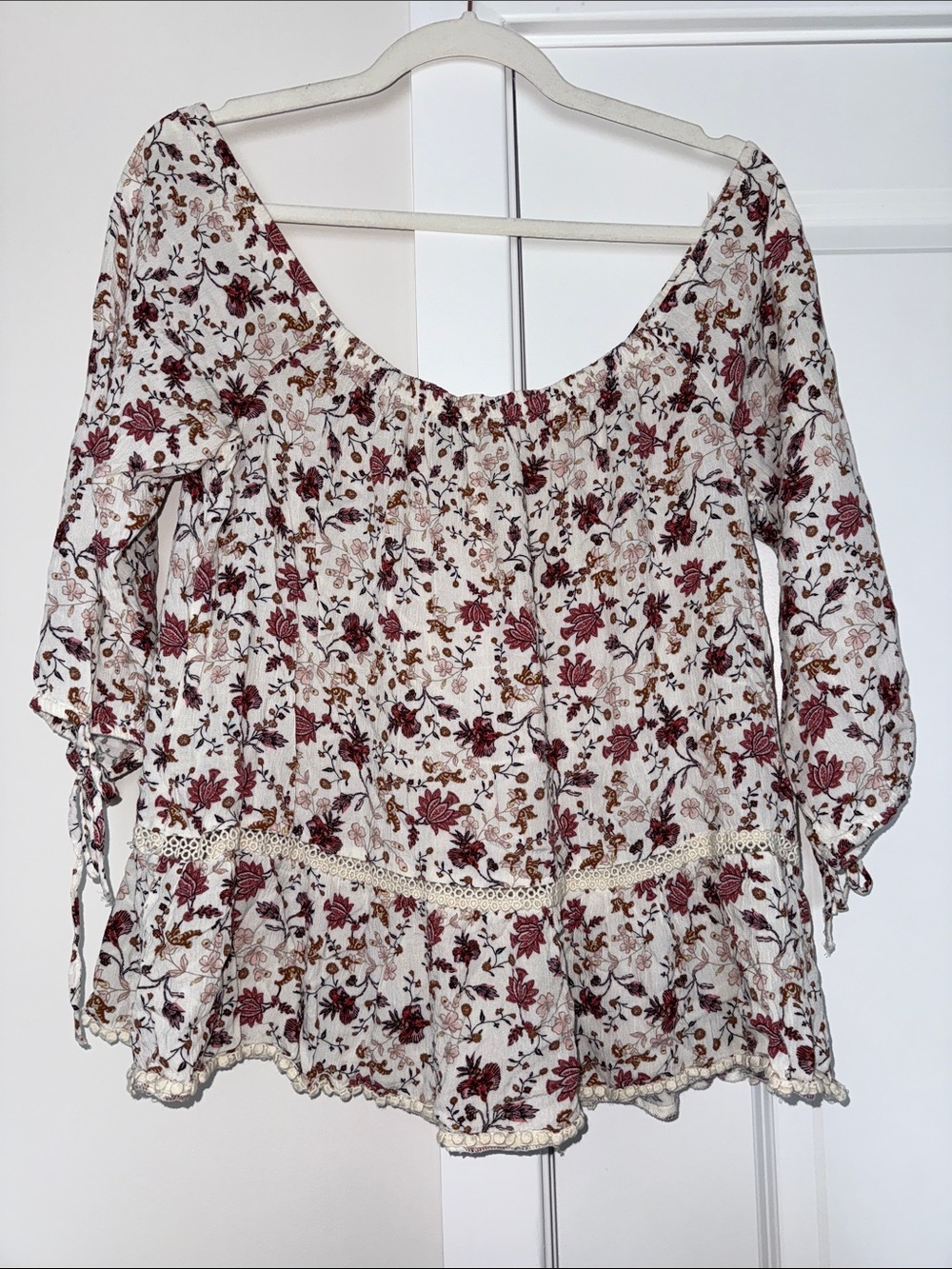 AE Floral Peasant Top in Cream and Burgundy - off the shoulder